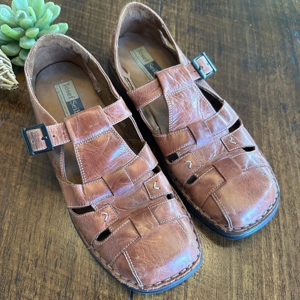 Josef Seibel | Tan Leather Fisherman Mary Jane Flats, Size 42